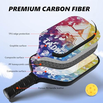 TADHG Pickleball Paddle Set 2 Lightweight 8.4oz Paddles with Honeycomb Core Spin-Friendly Surface 4 Balls - color: 04.Rainbow