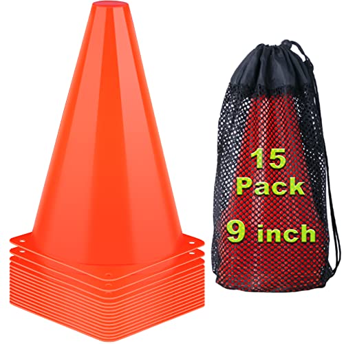 9 Inch Cones Sports, 15 Pack Orange Soccer Cones Training Agility Field Marker Plastic Traffic Cones for Football Basketball Drills Multipurpose Practice, Indoor Outdoor Games Activity Party Events - color: Orange, 9 Inch - Set of 15
