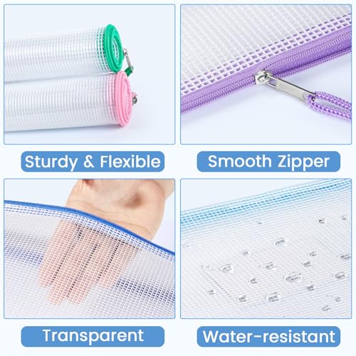 Sooez 20 Pack Mesh Zipper Pouch Bags, A4 Letter Size, Zipper Bags with Label Pocket, Waterproof Pouches for Classroom Organizer, Board Game Toy Storage, Document Bag for Teacher School Office Supplies - style: 20 Pack