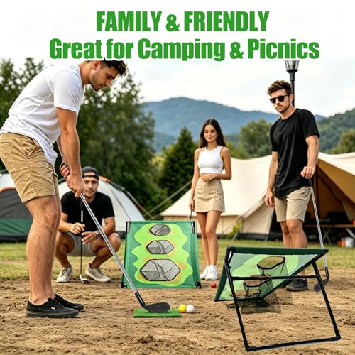 Golf Chipping Game Set with 2 Clubs & 1 Scoreboard - 2 Target Nets, 2 Turf Mats, 16 Foam Balls, Score Pen & Bag - Indoor/Outdoor Golf Training for Adults/Family