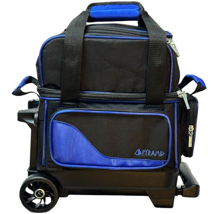Pyramid Path Pro Deluxe Single Roller Bowling Bag With Separate Shoe Compartment (Up To US Mens Size 11), 2 Large Accessory Pockets, Padded Foam Ball Insert, Lifting Handles and Locking Square Handle - color: Pro Black/Royal Blue