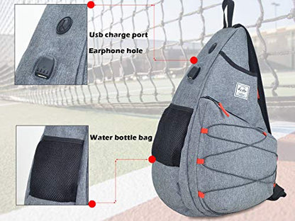 Tennis Bag for Men Women, Racquetball Pickleball Paddle Squash Sling Bags Crossbody Sports Backpack Adult with USB Charge Port - color: Gray
