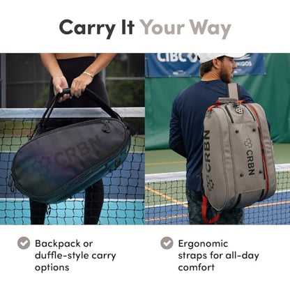 CRBN Pickleball - Pro Team Tour Pickleball Paddle Bag with Built-In Zip-Off Sling Bag - Padded Side Pockets for 6 Paddles, Shoes & More - color: Black/Pearl