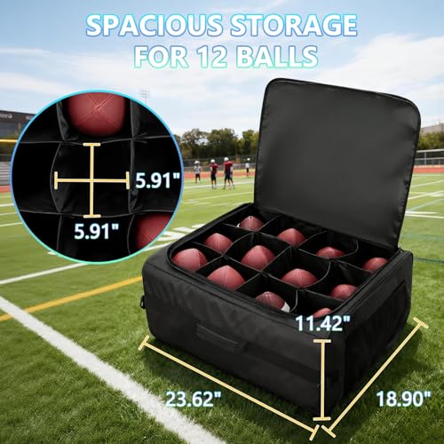 Football Bag Holds 12 Official-Size Footballs, 12-Compartment Ball Carrier with Dividers, Top-Open Organizer Case with Shoulder Strap, Football Team Gear Storage for Practice & Game Day, Bag Only