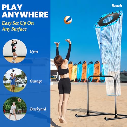 Volleyball Setter Training Net，Height & Angle Adjustable Volley Ball Training Equipment with Steel Frame，Stable Base for Indoor and Outdoor，Volleyball Spike Trainer for Setting,Serving,Spiking