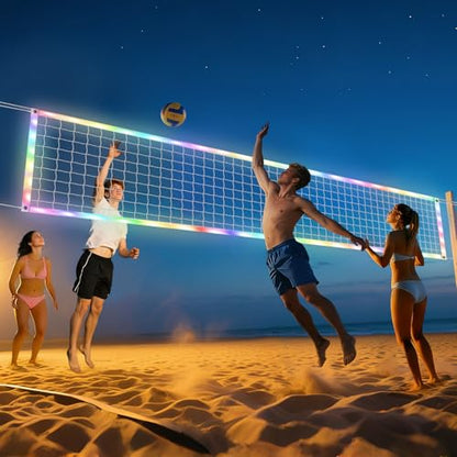 LED Volleyball Net Outdoor with Long-Lasting Lights & Reinforced Tear-Resistant Nylon, Multi-Stunning Night Modes, 46FT Extra-Long Steel Cable for Backyard & Beach (32x3FT)