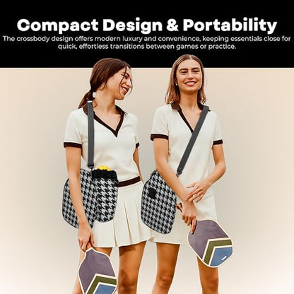 Pickleball Paddle Cover Crossbody bag with Adjustable Strap, Waterbottle holder, Ball Holder, Gifts for Women Men - color: Black & White