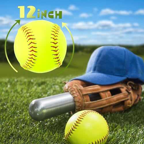 Bucket of 13 Practice Softballs, Official Size and Weight Slowpitch Softball Unmarked Leather Covered Youth Fastpitch Ball Sports Ball for Games, Practice and Training, Yellow