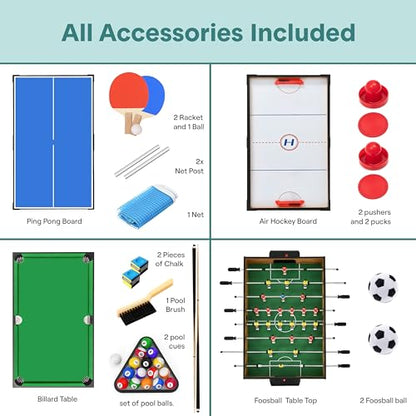 SereneLife Multi Game Table, 48” Sports Arcade Games with Accessories, Ping Pong, Hockey, Pool Billiards, Soccer Foosball All in One, for Indoor and Outdoor, Family, Kids and Adults