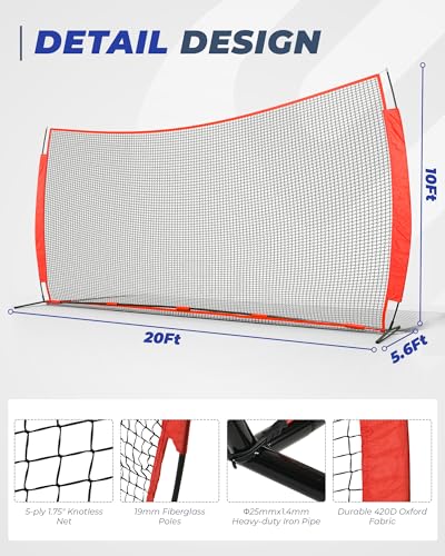 20x10ft Barricade Backstop Net, Ball Sports Barrier Netting, Protection Screen for Baseball Softball Lacrosse Soccer Hockey Training for Backyard with Carry Bag