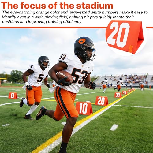 Set of 11 Football Yard Markers Field Markers Orange High Visibility Weighted Yardage Markers with Portable Carrying Bag, Football Gear for Football Training Equipment