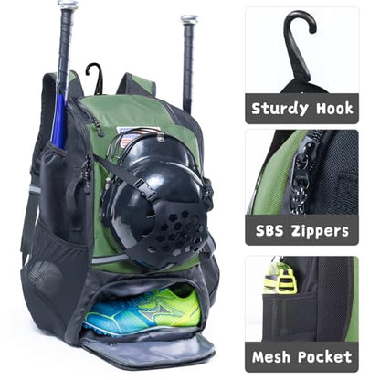 Baseball Backpack for Youth, Boys, Adults - Bat and Softball Equipment Bag With Glove Holder, Helmet, Shoes Compartment - T-Ball Accessories and Baseball Gifts - color: Hunter Green - 42L