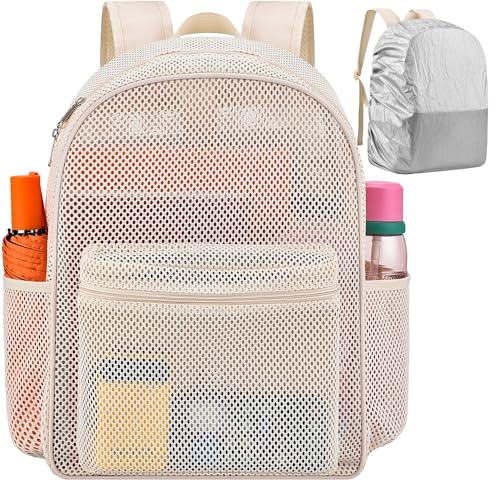 Oraben Heavy Duty Mesh Pack with Rain Cover- See Through Backpack Wterproof Mesh Backpack Ideal for Class, Work, Travel, or Beach Outings - color: Cream