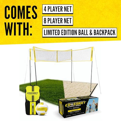 CROSSNET 4-Way Volleyball Net Set with Adjustable Poles Backpack & Official Ball Quick Setup Outdoor Volleyball Game for Adults & Kids 4 Square Volleyball Net for Backyard Beach Yard Lawn & Park Play