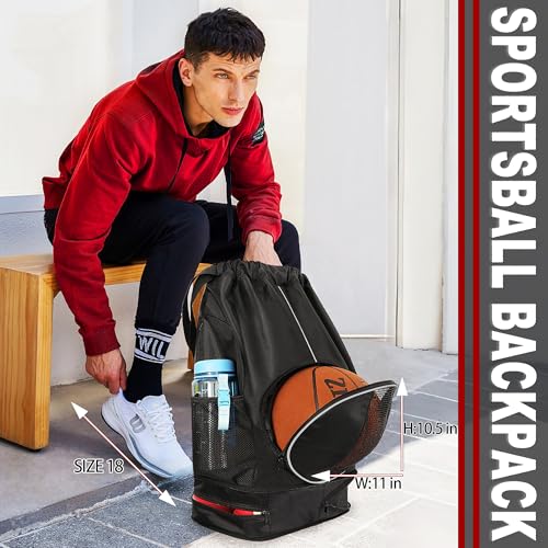 Basketball Backpack, 45 L Drawstring Sports Bag with Large Shoe Compartment and Wet Pockets for Women Men Gym Bag - color: Black-45L