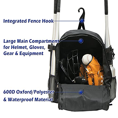 Baseball Backpack - Durable T-Ball & Softball Equipment Bag - Bat, Helmet, Glove, Gear Storage - Shoe Compartment & Fence Hook - Ideal for Amateur & Professional Players