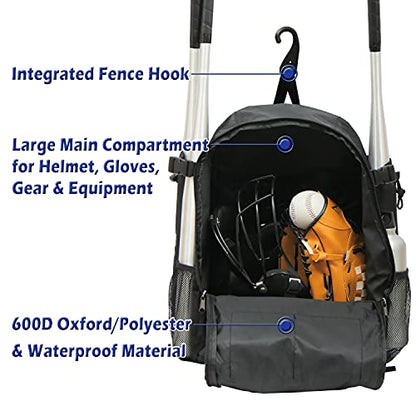 Baseball Backpack - Durable T-Ball & Softball Equipment Bag - Bat, Helmet, Glove, Gear Storage - Shoe Compartment & Fence Hook - Ideal for Amateur & Professional Players