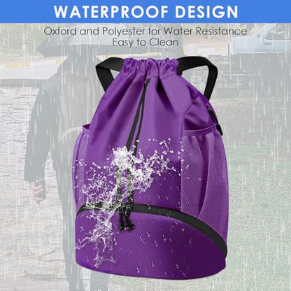 BROTOU Soccer Bags, Football Backpack, Volleyball Bag, Drawstring Backpack with Ball and Shoe Compartment, Football bags for Equipment Swim Gym Bag - color: Dark Purple
