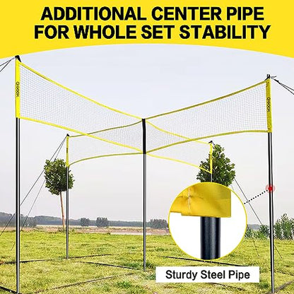 GOOX 4 Square Volleyball Net Game Set, 14 FT 4-Way Volleyball Net for Backyard Beach Lawn, Portable Four Square Volleyball Net for Adults & Youths with Vollyball, Pump, Carry Bag - color: yellow