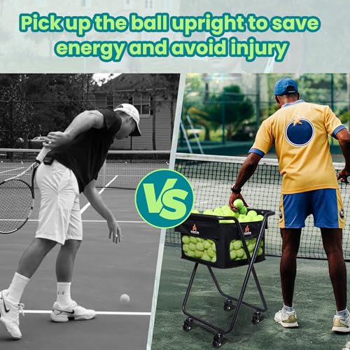 Tennis & Pickleball Cart - 140 Ball Capacity Hopper with Quick-Detach Bag, 4 Smooth Swivel Wheels & Foldable Frame for Easy Court Transport and Compact Storage