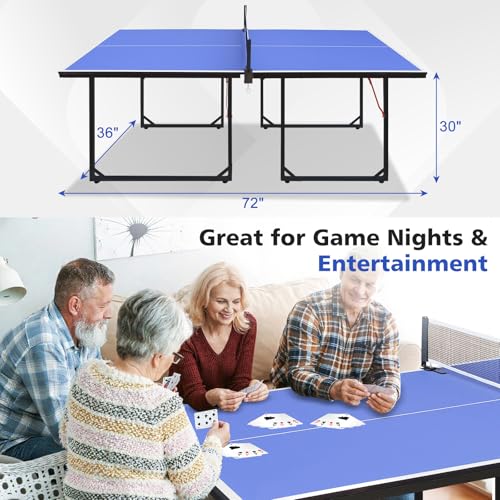 6FT Ping Pong Table Foldable Midsize Table Tennis Table for with Net, Table Tennis Paddles and Balls, MDF Multi-Use Family Game Table Assembly Free for Kid Teenager Adult, Compact & Portable