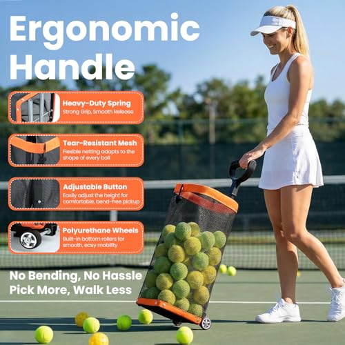 Rolling Tennis Ball Hopper with Wheels - Pickleball Picker Upper and Tennis Ball Basket - Adjustable Tennis Ball Picker and Pickleball Hopper - Portable Wheeled Ball Collector for Courts
