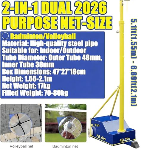 Volleyball/Badminton Poles, Volleyball Net Badminton Sets for Backyards, Volleyball Poles with Wheels, Adjustable Heights 5.1 ft-6.9 ft, Heavy Duty Volleyball Net with Poles, (Blue+Yellow)