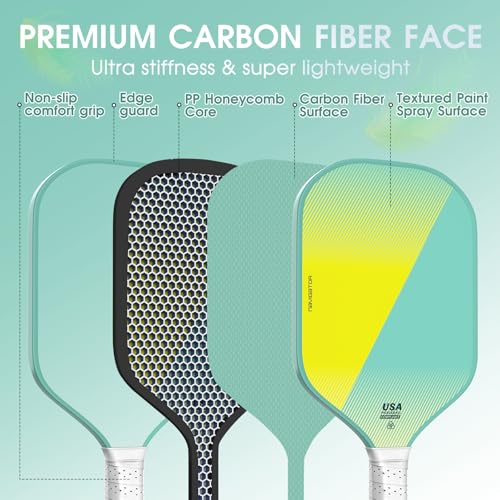 Pickleball Paddles, Carbon Fiber Pickleball Racket with 16MM Polypropylene Honeycomb Core – Lightweight, High-Grit Surface for Spin & Control, Professional Pickle Ball Paddle for Men & Women