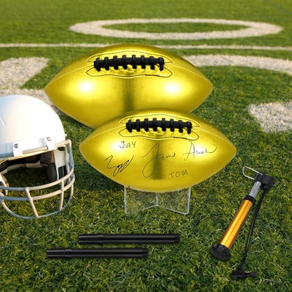 Liliful 2 Pcs Autograph Football Basketball Blank Official Size with 2 Stand 2 Signature Pen 1 Pump for Fantasy Trophy Anniversary Birthday Graduation - size: Size 9, style: Gold Football