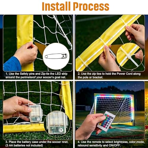 12Ft Soccer Goal Lights for 3x4Ft Net, 16 Color Changing LED Strip with Controller, Waterproof Glow in the Dark Night Training Gear, Impact Resistant, Also fits Field Hockey (No Net)