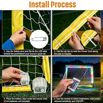 12Ft Soccer Goal Lights for 3x4Ft Net, 16 Color Changing LED Strip with Controller, Waterproof Glow in the Dark Night Training Gear, Impact Resistant, Also fits Field Hockey (No Net)
