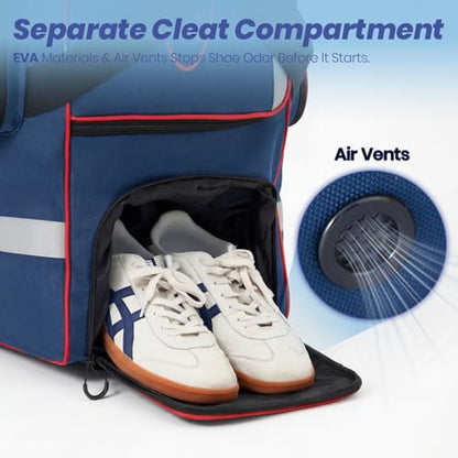 81L Rolling Baseball Bag with Wheels, Softball Catchers Gear Bags for 4 Bats (Fits Up To 34"), Separate Shoe Compartment, Safety Reflective Strip, Fence Hook, Foldable T-Bag for Youth & Adult - color: Blue