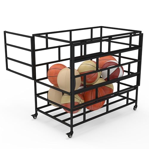 Ball Storage Cart, Lockable Rolling Basketball Storage Bin & Organizer with Wheels, Secure Sports Exercise Ball Cart Holder for Gym, School, Club, Indoor Outdoor Use