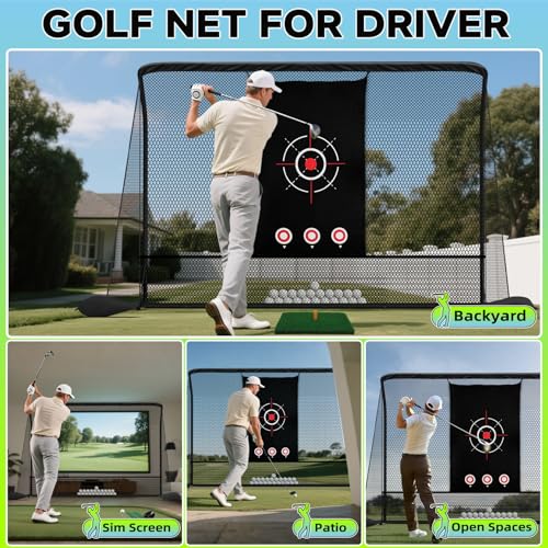 10x7ft Golf Hitting Practice Net for Real Golf Balls, Heavy Duty Driving Training Cage with Reinforced 7-Layer Mesh & Mat, Portable Backyard Net for Indoor Outdoor to Improve Your Swing