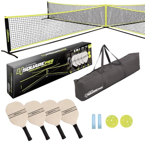 Triumph Sports 4-Square Pro Combo Game, 2-in-1 Portable Pickleball Set with 4 Wooden Paddles, 2 Balls, 2 Chalk Sticks, a 4-Square Pickleball Net & Carry Bag