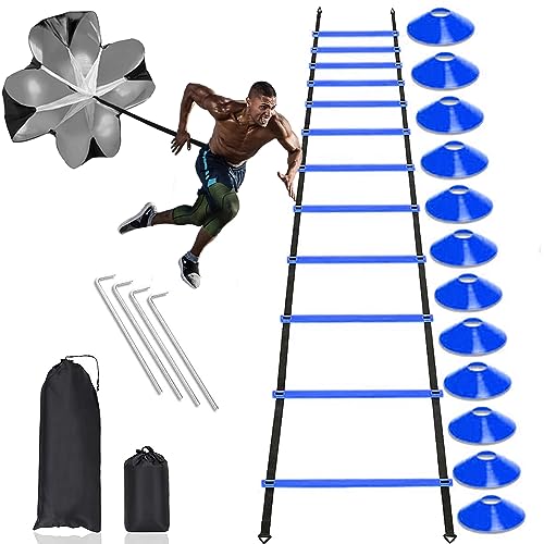 Football Training Equipment | Speed Agility Training Set, Including 1 Agility Ladder, 4 Steel Piles,12 Disc Cones,1 Resistance Umbrella .| for Athletes/Sports Including Football & Basketball - color: blue