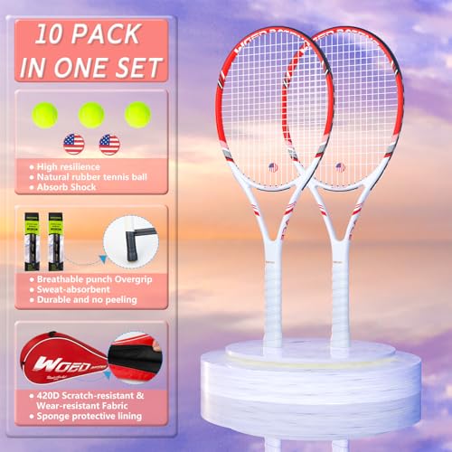 Pro Tennis Racket for Adults, 2 Player 27 inch Speed Tennis Racquet Acceptable for Beginner and Professional with 3 Tennis Balls, 2 Vibration Dampes, 2 Overgrips, Tennis Bag - color: Red