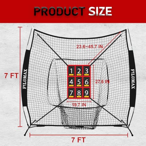 7x7 ft Baseball & Softball Practice Net with 9 Numbered Strike Zone | PRO Training Net for Hitting, Pitching & Batting | with Carry Bag, Bow Frame for All Ages & Skills - color: black