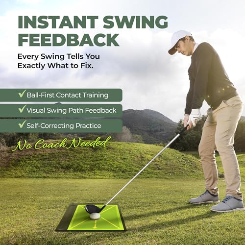 6-in-1 Golf Swing Trainer with Divot Board, Golf Grip Trainer, Alignment Sticks and Training Aid | Golf Accessories for Men & Women | Hitting Mat Practice Indoor & Outdoor