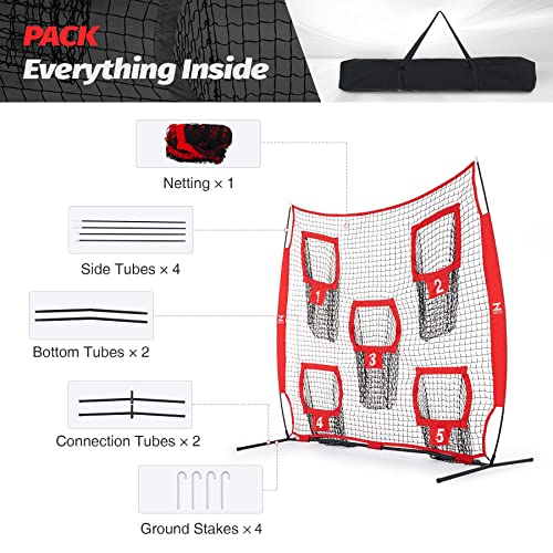 ZELUS 7 x 7ft Football Trainer Throwing Net | Training Target Practice with 5 Targets | Great for Quarterback | Includes Carry Bag - color: Red