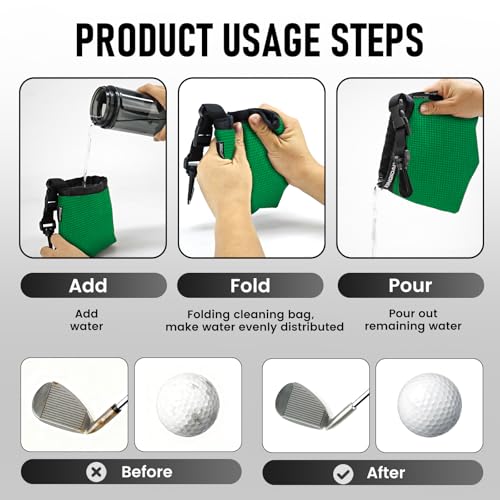 Golf Club and Golf Ball Cleaning Bag - Cleans Club Grooves, Golf Bag Accessories,Waterproof Clean Face Tech, Detachable Clip, Machine Washable,Golfer Gifts for Men(1-Pack,GREEN) - color: GREEN