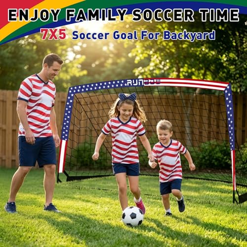Kids Soccer Goal for Backyard, World Cup Elements Design 7x5 FT Portable Folding Soccer Net for Kid with Carry Bag, Indoor and Outdoor Fun Training Practice Use