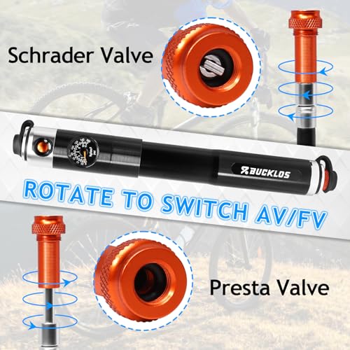 BUCKLOS Mini Bike Tire Pump with Gauge Portable Bicycle Hand Air Pump 160Psi Presta Schrader Valve Air Pressure Gauge for Mountain Bike Road Bikes Balls Handheld Accessories Tool