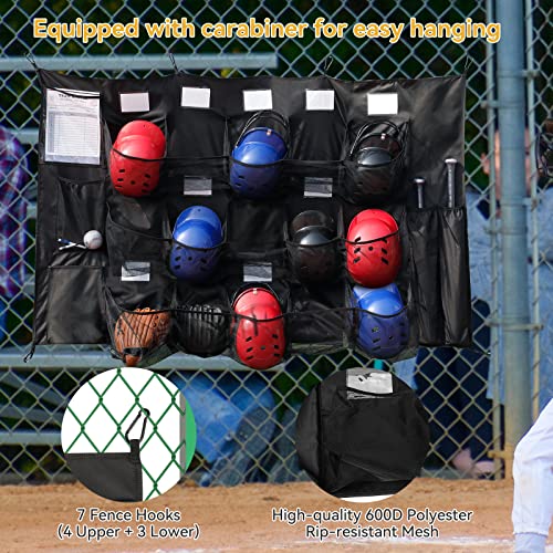 QBA Hanging Helmet Bag for Baseball Softball Team, Helmet Organizer for Dugout Fence Garage, Hold Up to 15 Players Helmets 4 Bats with Name Cards Roster Line Up, Black