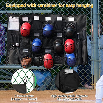 QBA Hanging Helmet Bag for Baseball Softball Team, Helmet Organizer for Dugout Fence Garage, Hold Up to 15 Players Helmets 4 Bats with Name Cards Roster Line Up, Black