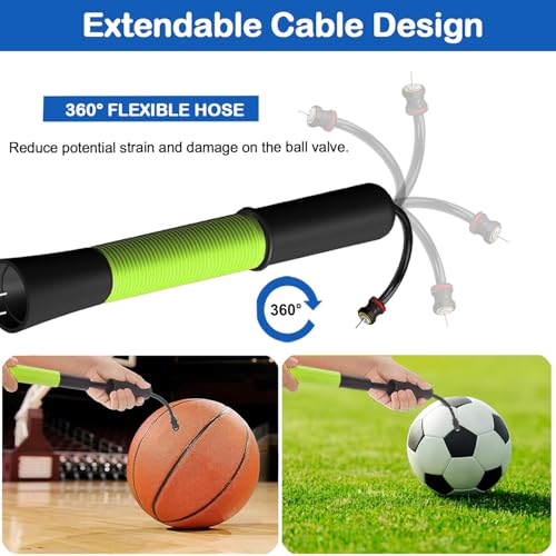 Ball Pump with Needle Storage(Never Lose Pin) Basketball Pump with 5 Needles and Extendable Cable, Soccer Football Pumps, Volleyball Pump Rugby Ball Inflator - Great for All Balls - color: Green