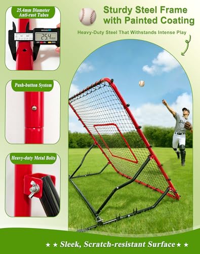 Baseball Rebounder Net Weighted Steel Frame Baseball Net 4 Adjustable Angles Anti-Skid Baseball Bounce Back Net with Flexible Target Webbing & 8 Stakes for Volleyball Softball Lacrosse (48x52inch)