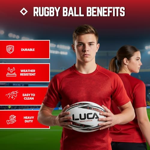 LUCA Rugby Ball Youth and Adult Sizes 3, 4 & 5 - Hand Stitched Super Grip Training Ball - Durable 3-Ply Waterproof Surface for College & Club Practice - color: Red, Black, White, size: 5
