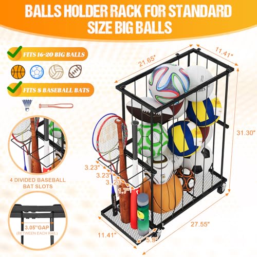 Garage Ball Storage With Baseball & Badminton Holder: Floor Sports Equipment Organizer, Sports Ball Rack With Elastic Rope, Ball Holder for Basketball, Soccer, Volleyball, Football, Garage, Gym, Black - size: Small, style: With Wheels And Bat Holder,Recta