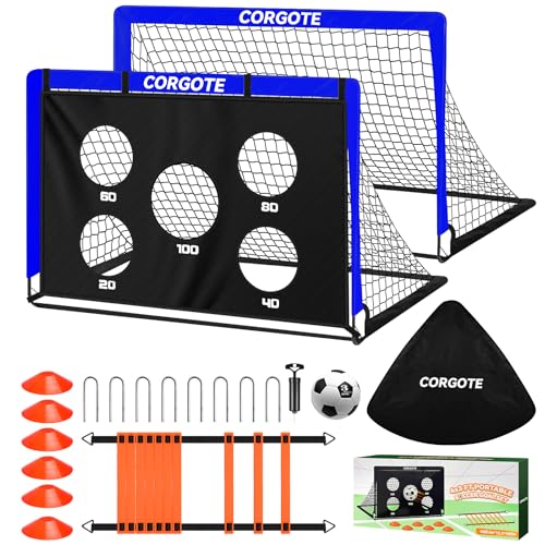 Toddler Soccer Goals for Backyard Set of 2, 4x3ft Portable Pop Up Soccer Net, Kids Soccer Training Equipment with Ball, Cones, Ladder, Scoring Target, 3-14Years Old Birthday Gifts for Boy Girl - color: Blue